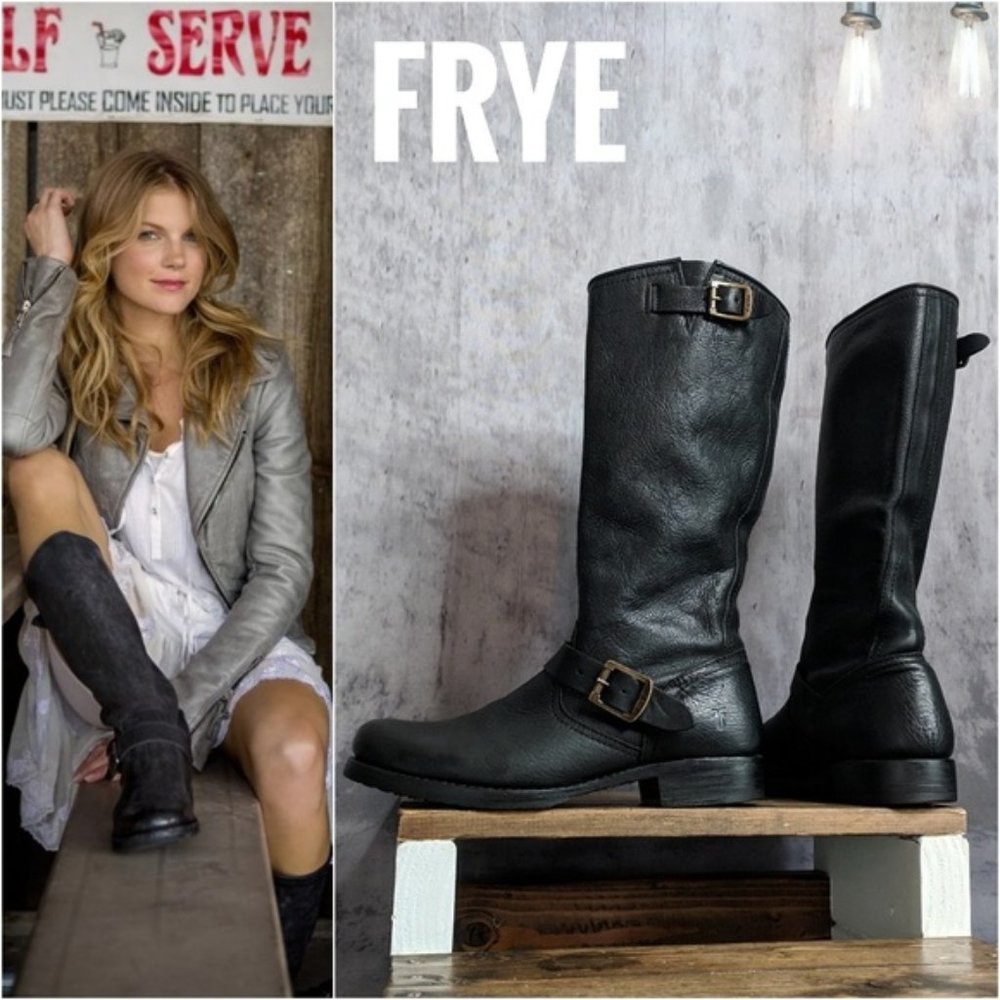 Frye Womens Black Leather Slip On Tall Boots